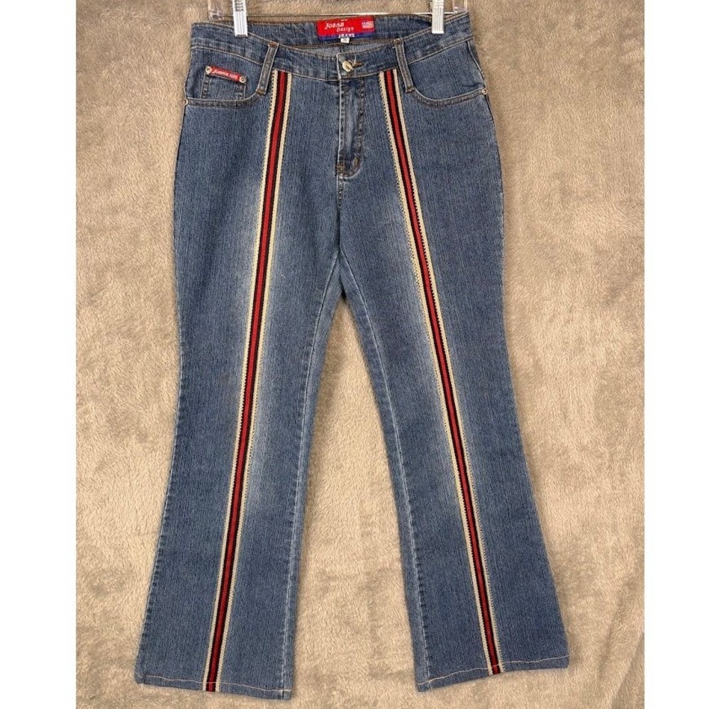 Joana Design Jeans Womens 30 Blue Denim Red Racing Stripe Flare Leg Y2K Vintage